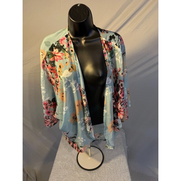 Flowy Blue Floral Sheer Cardigan Duster Womens Size Medium M Vacation - Picture 1 of 2
